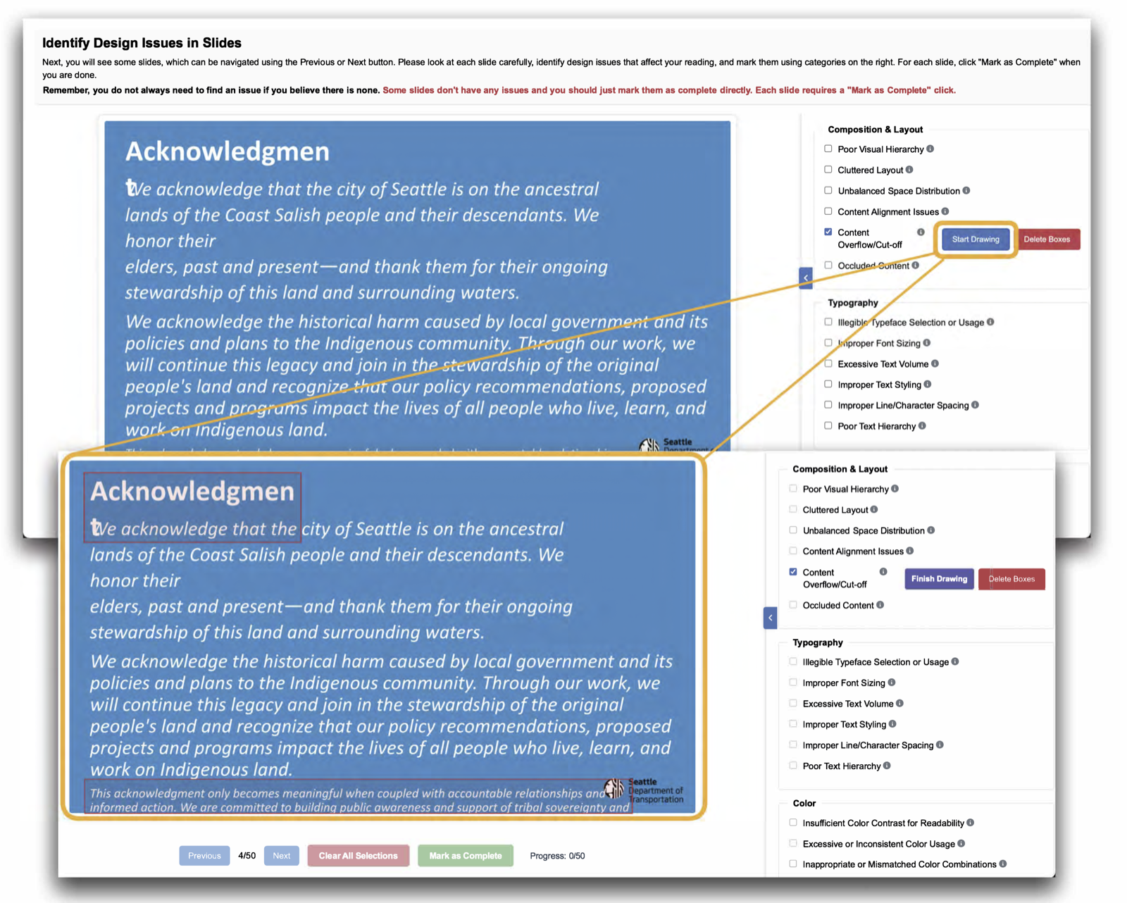 Crowdsourcing annotation interface showing a slide with content overflow issues, with taxonomy-based checkboxes for Composition, Typography, and Color categories, and bounding box drawing tools.